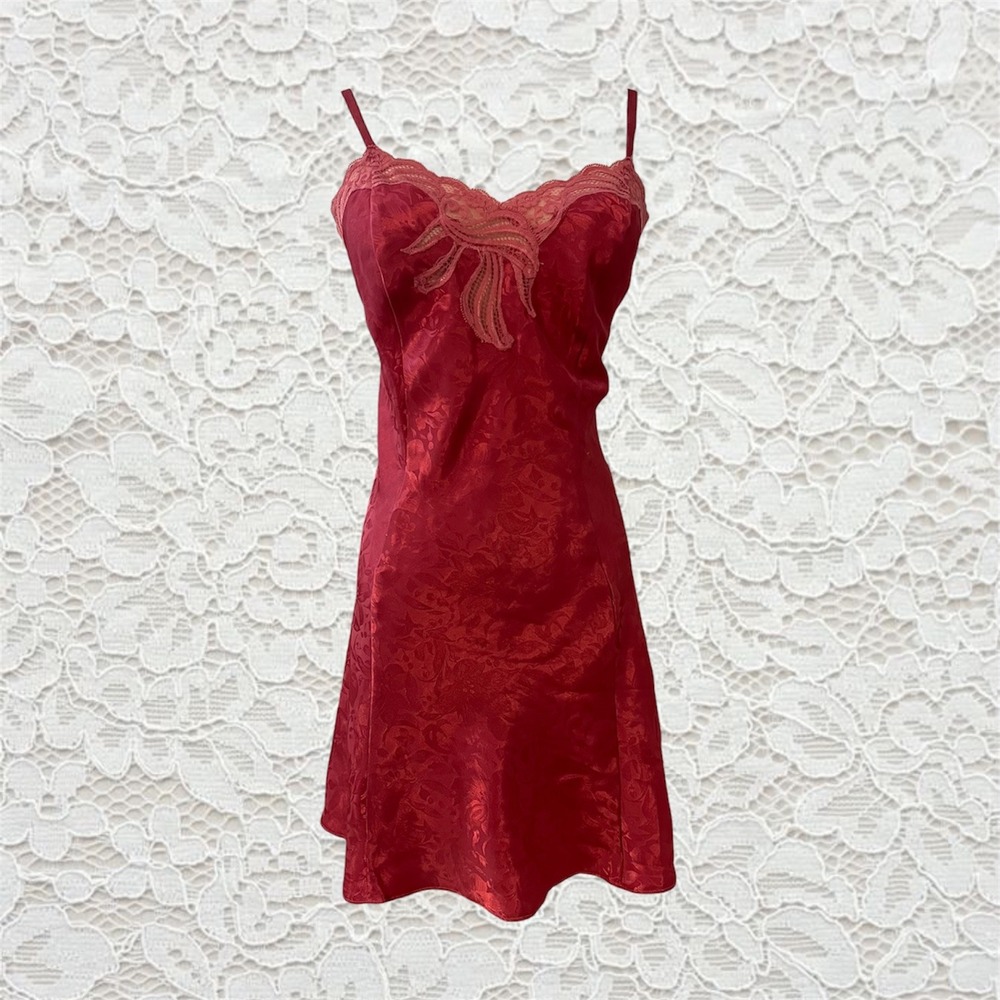 vintage y2k red/pink lace trim chemise slip dress